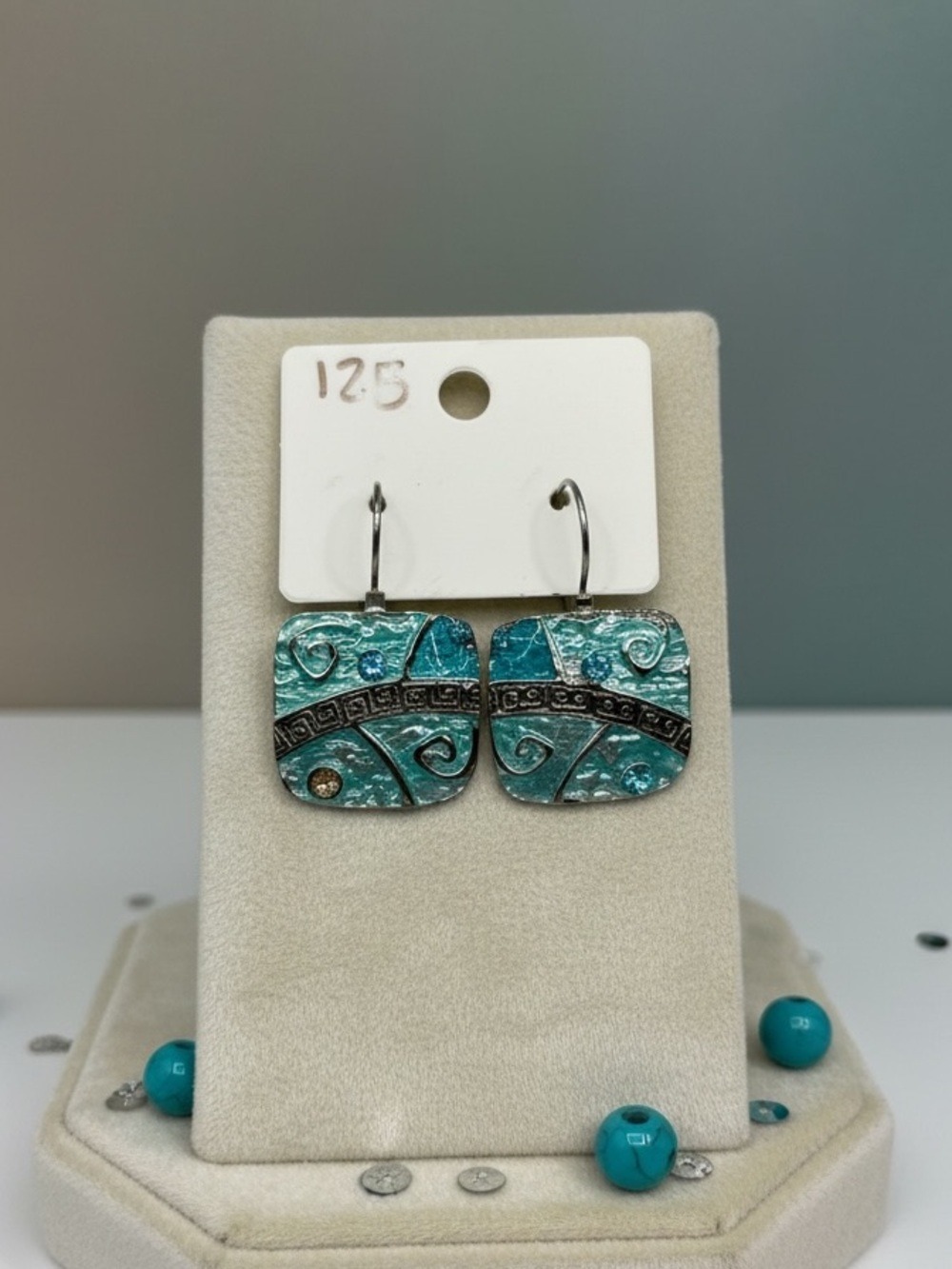Artisan Turquoise Enamel Rhinestone Dangle Earrings